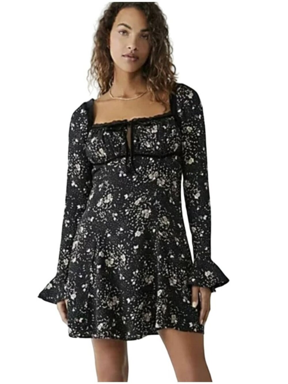 Free People Black Floral Mini Dress Tess Long Sleeve XS NWT - Picture 1 of 9